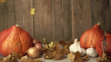 Sonbaharda sarımsaklı balkabağı ve soğan yavaş çekimde düşen kuru yapraklar arasında.