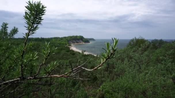 Kilátás a hegyről a homokos strandon található a szikla mellett a nyári napon — Stock videók