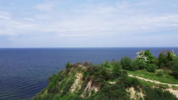 Tájkép a kék óceán meleg nyári napon filmezett a zöld szikláról drón — Stock videók