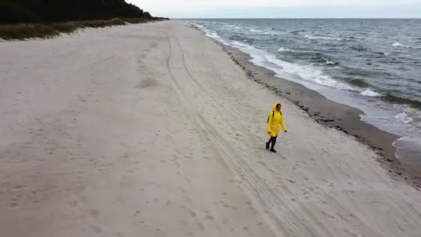 Леди отправляется на песчаный пляж одна, бурный океан в холодный ветреный день, снятый дроном — стоковое видео