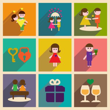 Uzun gölge Sevgililer günü ile düz web simgeler kümesi