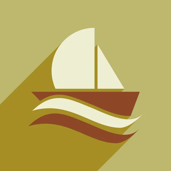 Ícone plano com veleiro longo barco sombra — Vetor de Stock
