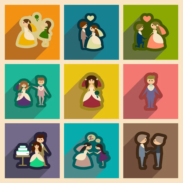 Set of flat web icons with long shadow bride and groom — Stock Vector