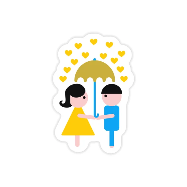 Бумажная наклейка на белом фоне мальчик зонтик девушка — стоковый вектор