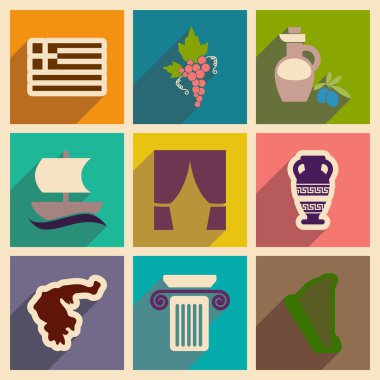 Uzun gölge Yunanistan ile düz web simgeler kümesi