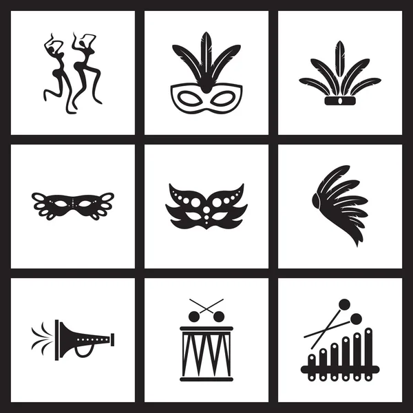 Concepto de iconos planos en blanco y negro Carnaval Brasileño — Archivo Imágenes Vectoriales