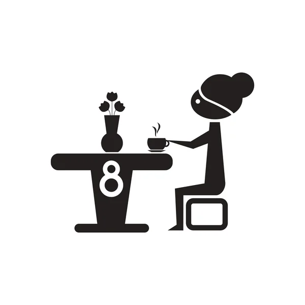 Ícone plano em preto e branco menina bebe café — Vetor de Stock