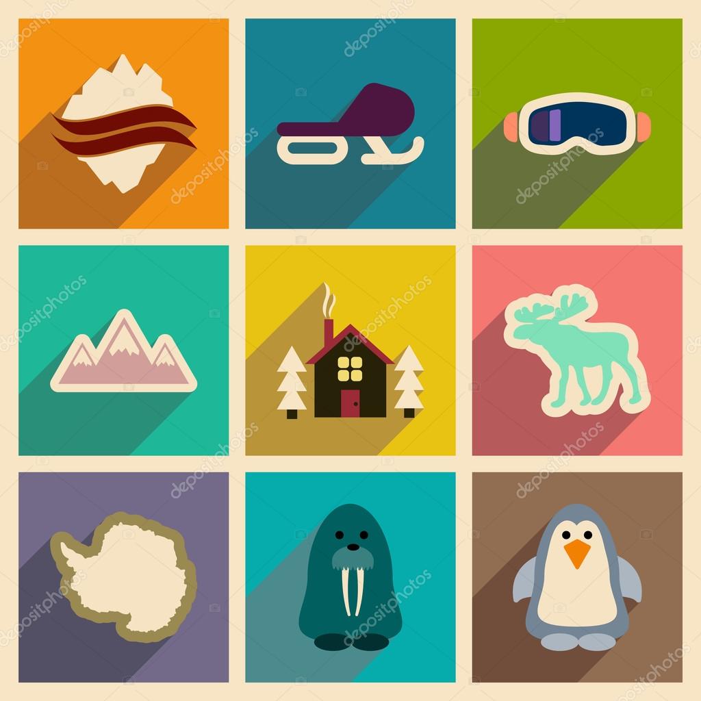 Set of flat web icons with long shadow Arctic
