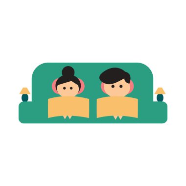 Düz web simgesi beyaz arka plan erkek ve kadın kanepede