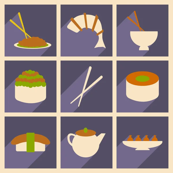 Concept plat avec ombre et application mobile Snacks japonais — Image vectorielle