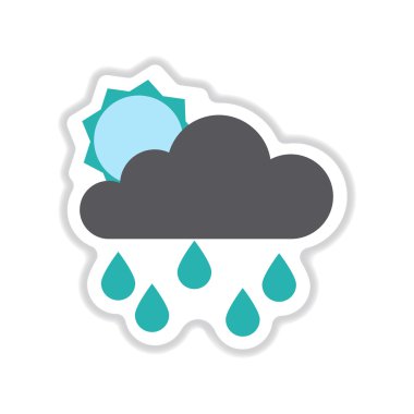 Kağıt etiket üzerinde beyaz arka plan güneş bulutlar yağmur