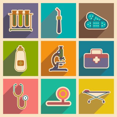 Tıp aletleri ve ilaç düz tarzı simgeleri