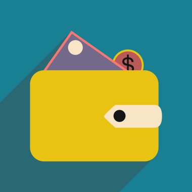 Düz gölge simgesi cüzdan para ve para ile