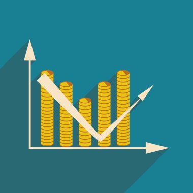 Düz gölge simgesi ekonomik grafik ve madeni paralar ile