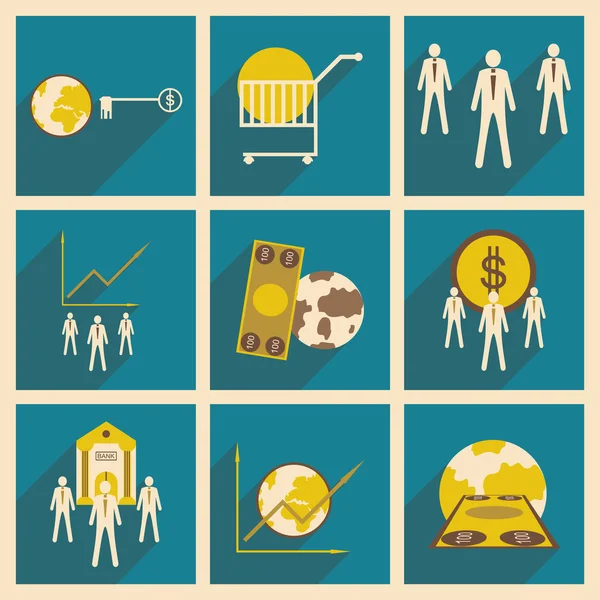 Coleção vetorial de ícones planos modernos com trabalhadores da economia do dinheiro sombra — Vetor de Stock
