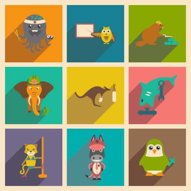 Uzun gölge hayvanlarla düz simgeler kümesi