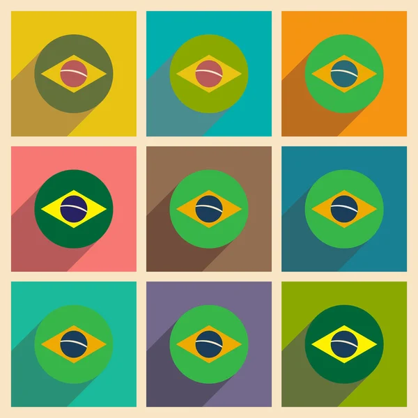 긴 그림자 브라질 국기와 함께 평면 아이콘 세트 — 스톡 벡터