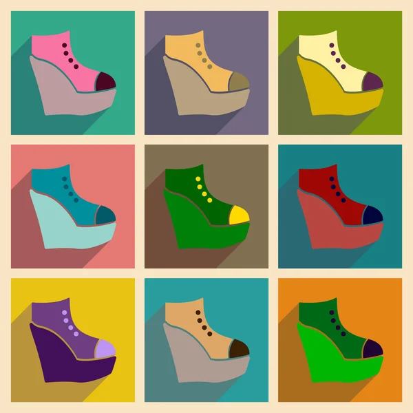 Concepto de iconos planos con zapatos de plataforma de sombra larga — Vector de stock