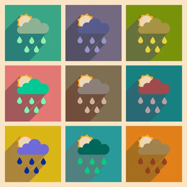 Concepto de iconos planos con nubes de sol de sombra larga lluvia — Vector de stock