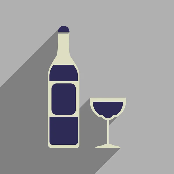 Uzun gölge bardak şarap şişesi ile düz web simgesi — Stok Vektör