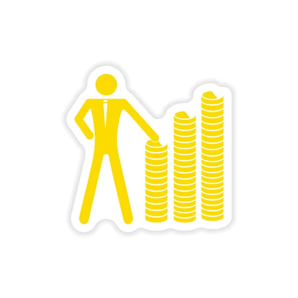 Pegatina con estilo en el hombre de papel y pila de monedas — Vector de stock