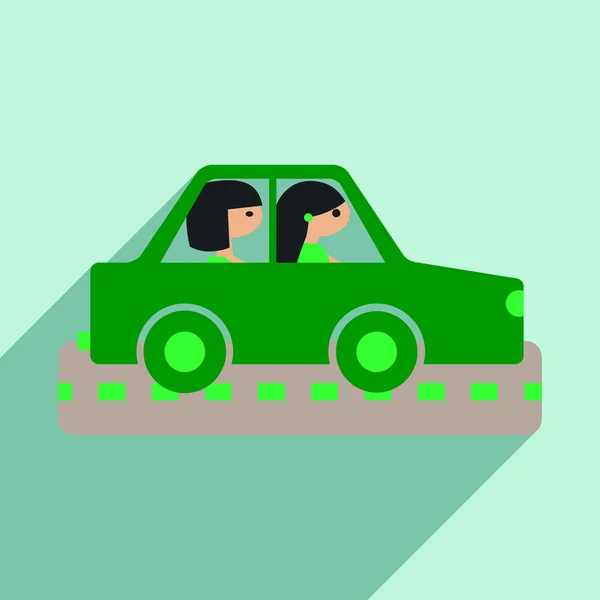 Düz gölge simgesi ve mobil uygulama kız araba ile — Stok Vektör
