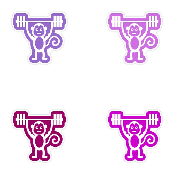 Conjunto de pegatinas de papel sobre fondo blanco monkey weightlifter — Archivo Imágenes Vectoriales