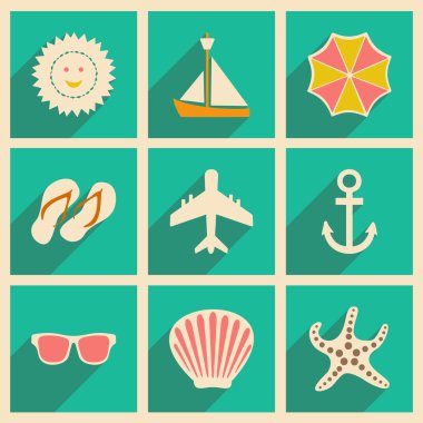 Düz gölge ile seyahat kavramı ve mobil uygulama simgeleri