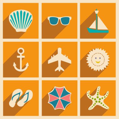 Düz gölge ile seyahat kavramı ve mobil uygulama simgeleri