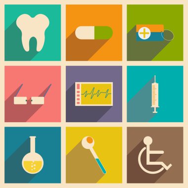 Düz gölge kavramı ve mobil uygulama tıp simgeleri ile