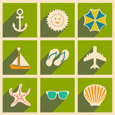 Düz gölge ile seyahat kavramı ve mobil uygulama simgeleri