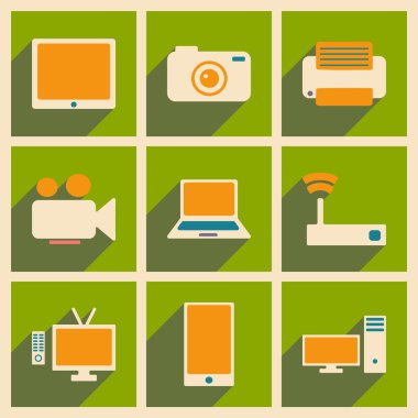 Düz gölge kavramı ve mobil uygulama teknoloji simgeleri ile