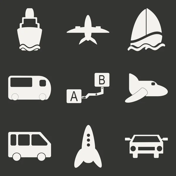 Flat in black and white concept mobile application trasports icons — Stock Vector