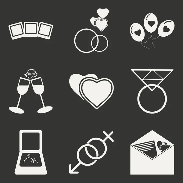 Appartement en noir et blanc concept application mobile mariage icônes — Image vectorielle