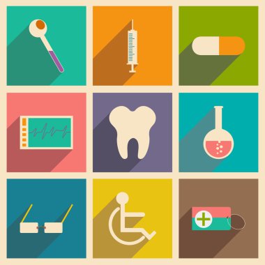 Düz gölge kavramı ve mobil uygulama tıp simgeleri ile