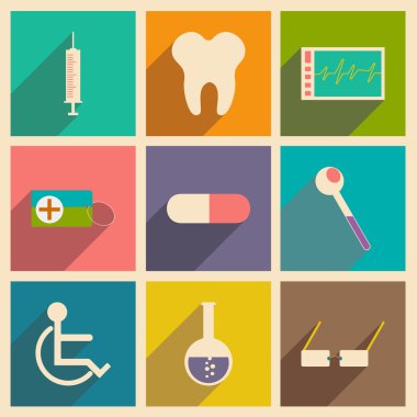 Düz gölge kavramı ve mobil uygulama tıp simgeleri ile