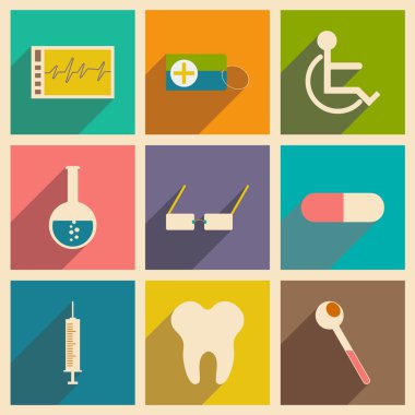 Düz gölge kavramı ve mobil uygulama tıp simgeleri ile