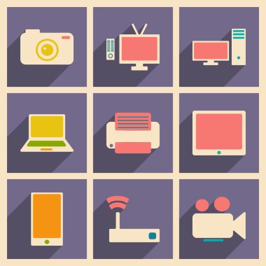 Düz gölge kavramı ve mobil uygulama teknoloji simgeleri ile