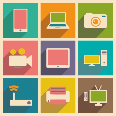 Düz gölge kavramı ve mobil uygulama teknoloji simgeleri ile