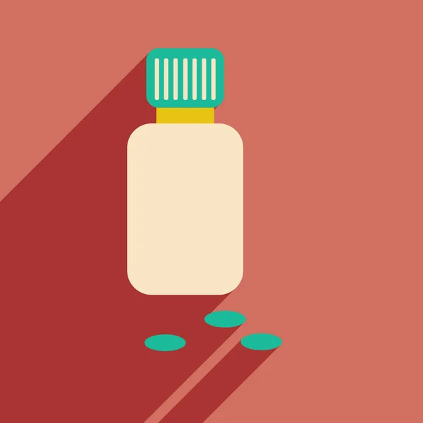 Plochá s ikonou stín a mobilní aplikace láhev pilulek — Stockový vektor