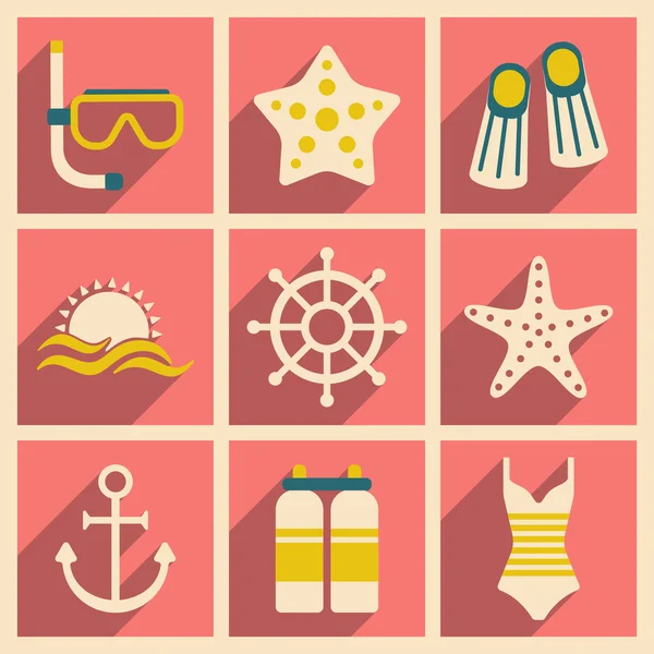 Flat with shadow concept and mobile application sea icons — Stock Vector