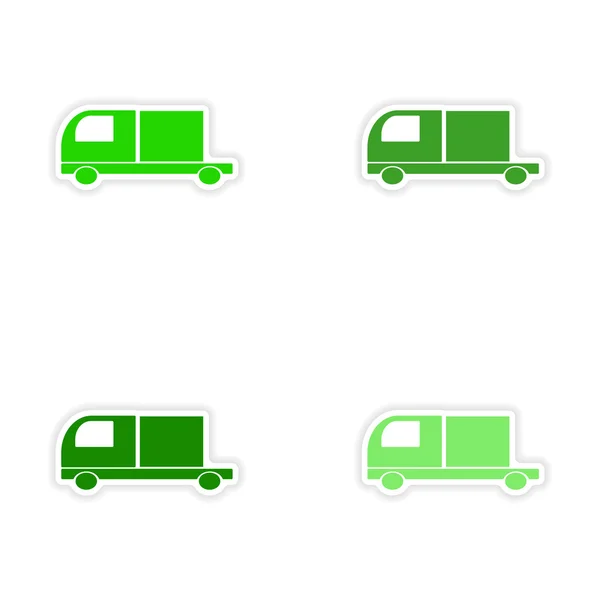 Perakitan desain stiker realistis pada truk kotak pengiriman kertas - Stok Vektor