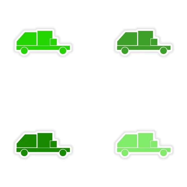 Församlingen realistiska klistermärke design på papper leverans box lastbilar — Stock vektor