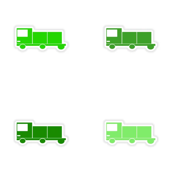Σχέδιο ρεαλιστική αυτοκόλλητων ετικεττών Συνέλευση στο χαρτί παράδοσης κουτί φορτηγά — Διανυσματικό Αρχείο