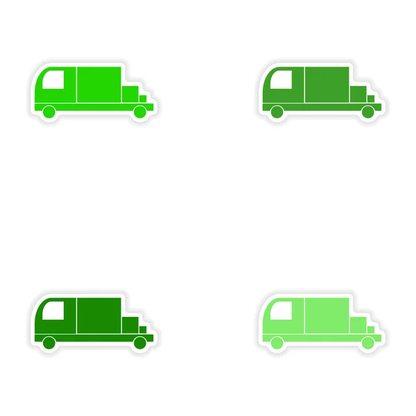 Σχέδιο ρεαλιστική αυτοκόλλητων ετικεττών Συνέλευση στο χαρτί φορτηγά μεταφοράς εμπορευμάτων — Διανυσματικό Αρχείο
