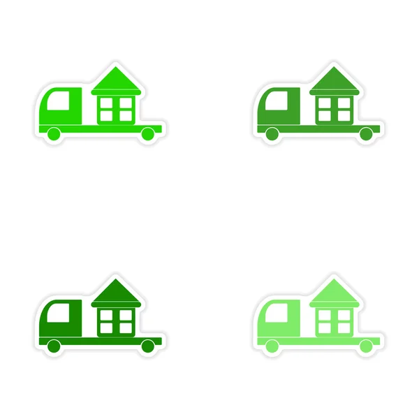 Assemblage conception autocollant réaliste sur camion de papier livraison à domicile — Image vectorielle