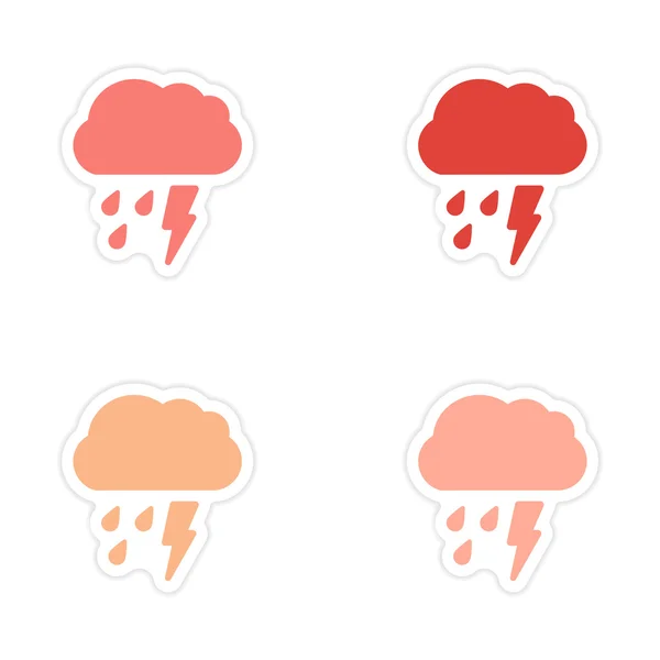 Perakitan desain stiker realistis di atas kertas hujan petir awan - Stok Vektor