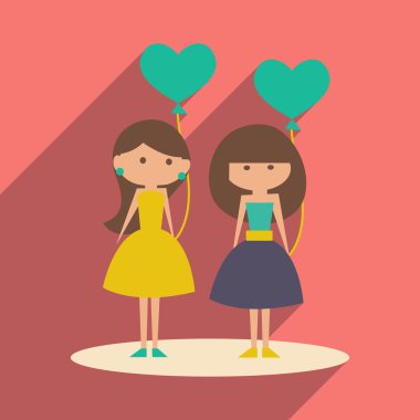 Düz gölge simgesi ve mobil uygulama kız balonlar ile