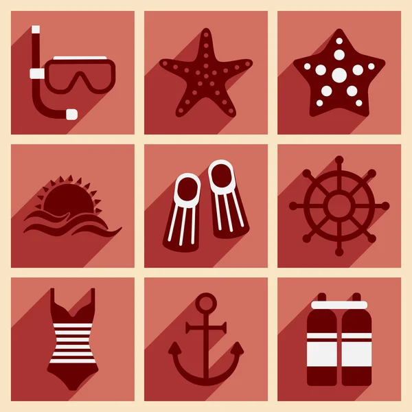 Piso con concepto de sombra y aplicación móvil iconos del mar — Vector de stock