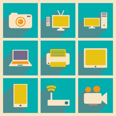 Düz gölge kavramı ve mobil uygulama teknoloji simgeleri ile